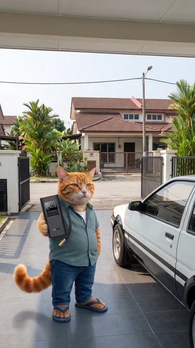 Khair memegang pam tayar Baseus SuperMini Pro di depan rumah